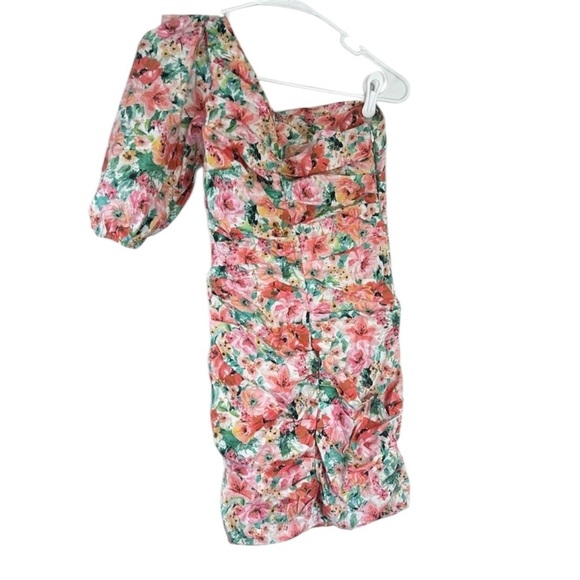 Zara Pink and Red One Shoulder Puff Sleeve Dress - Picture 5 of 6